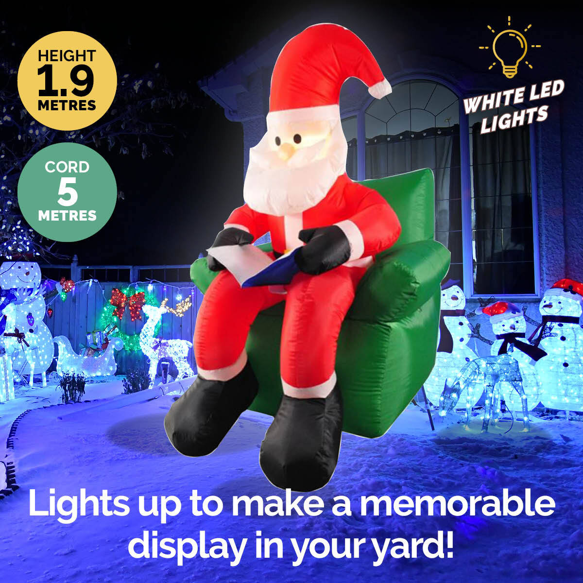 1.9m inflatable Santa sitting in a reading chair, illuminated with bright white LED lights, perfect for outdoor Christmas decorations.