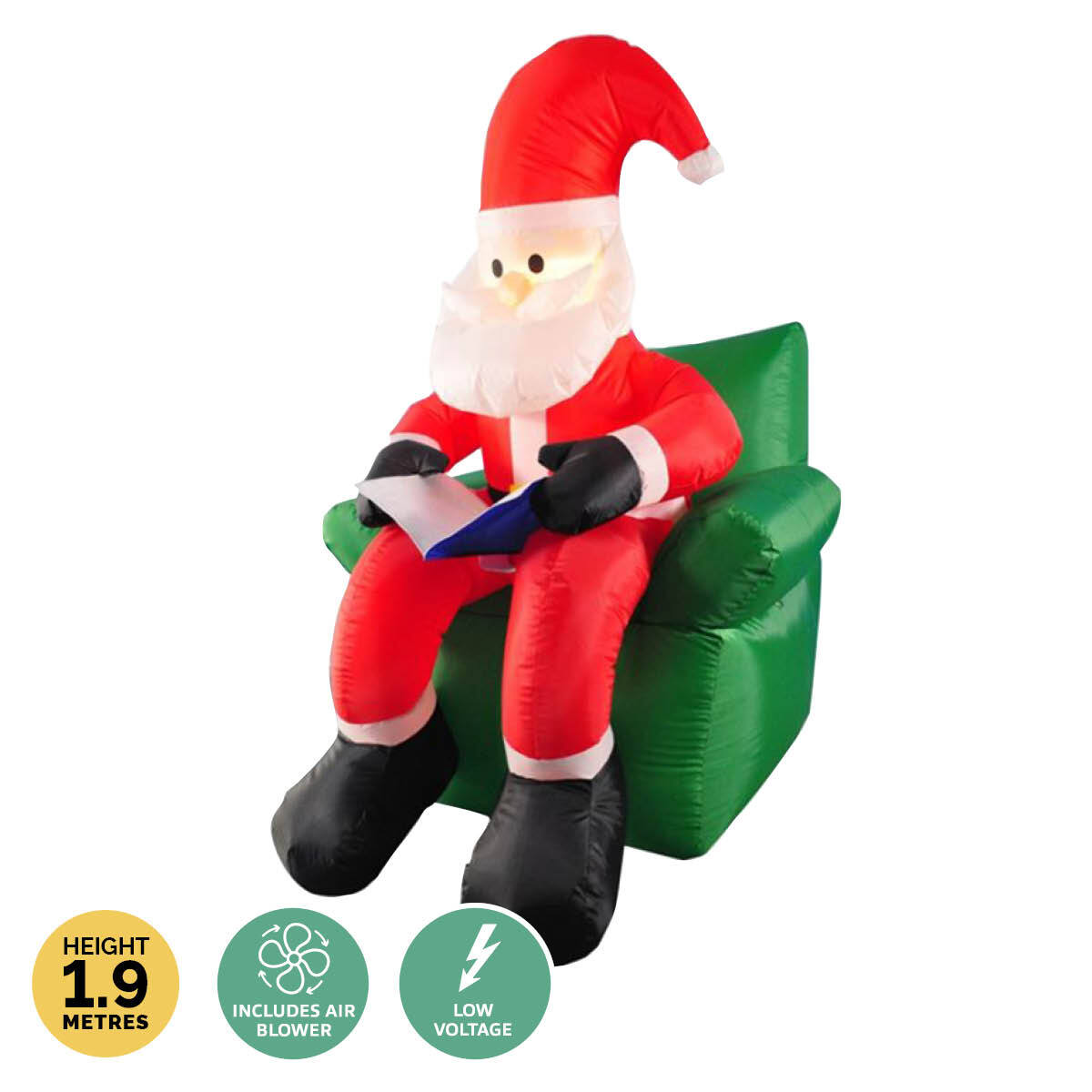 1.9m inflatable Santa sitting in a reading chair, illuminated with bright white LED lights, perfect for outdoor Christmas decorations.