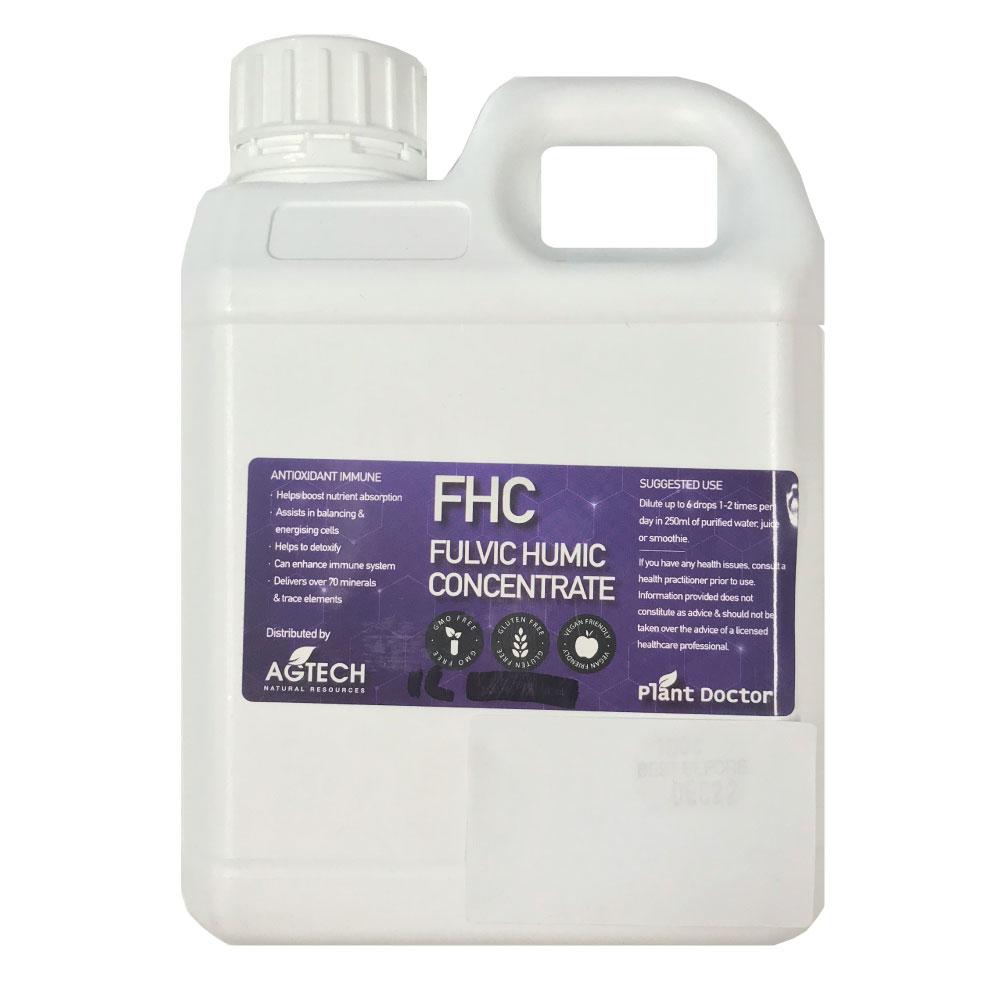 1L bottle of Fulvic Humic Concentrate Liquid FHC, showcasing its rich, dark liquid and label detailing its organic benefits.