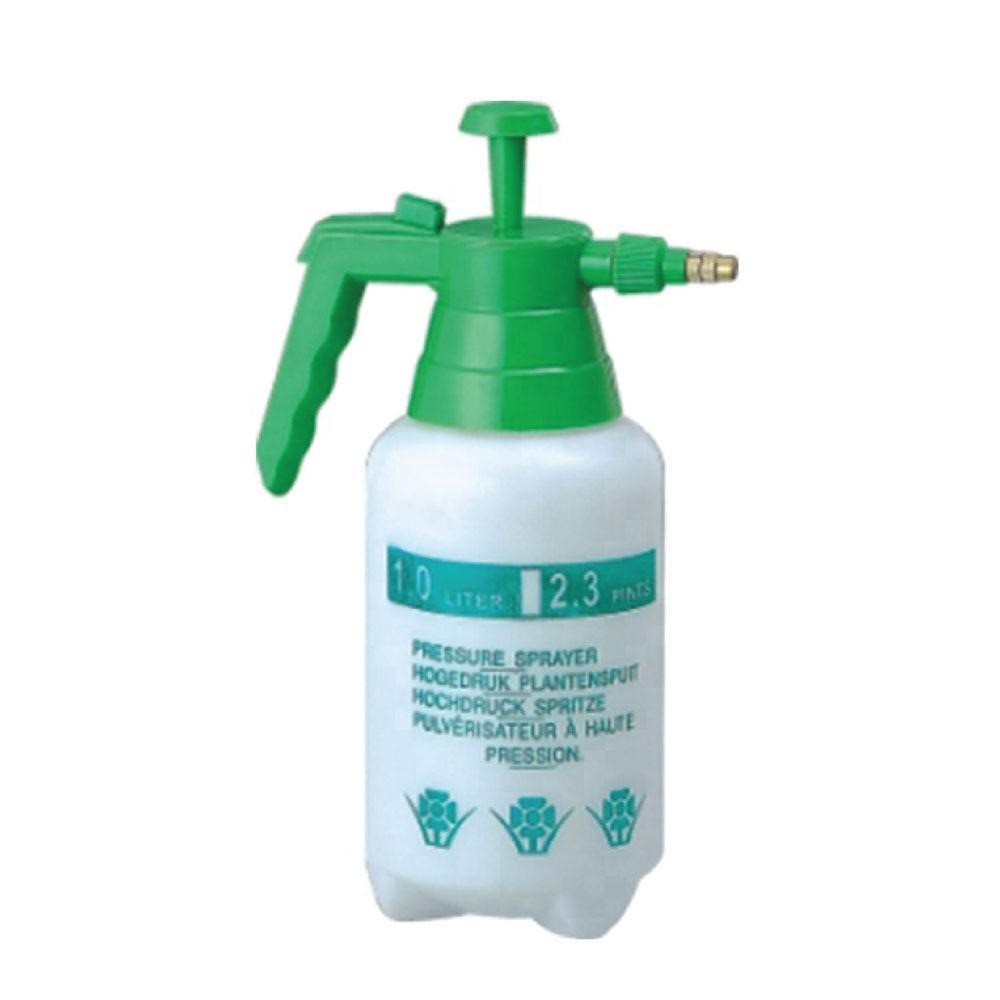 1L Hand Held Pressure Sprayer with adjustable brass nozzle, designed for gardening and cleaning tasks, featuring a white and green color scheme.