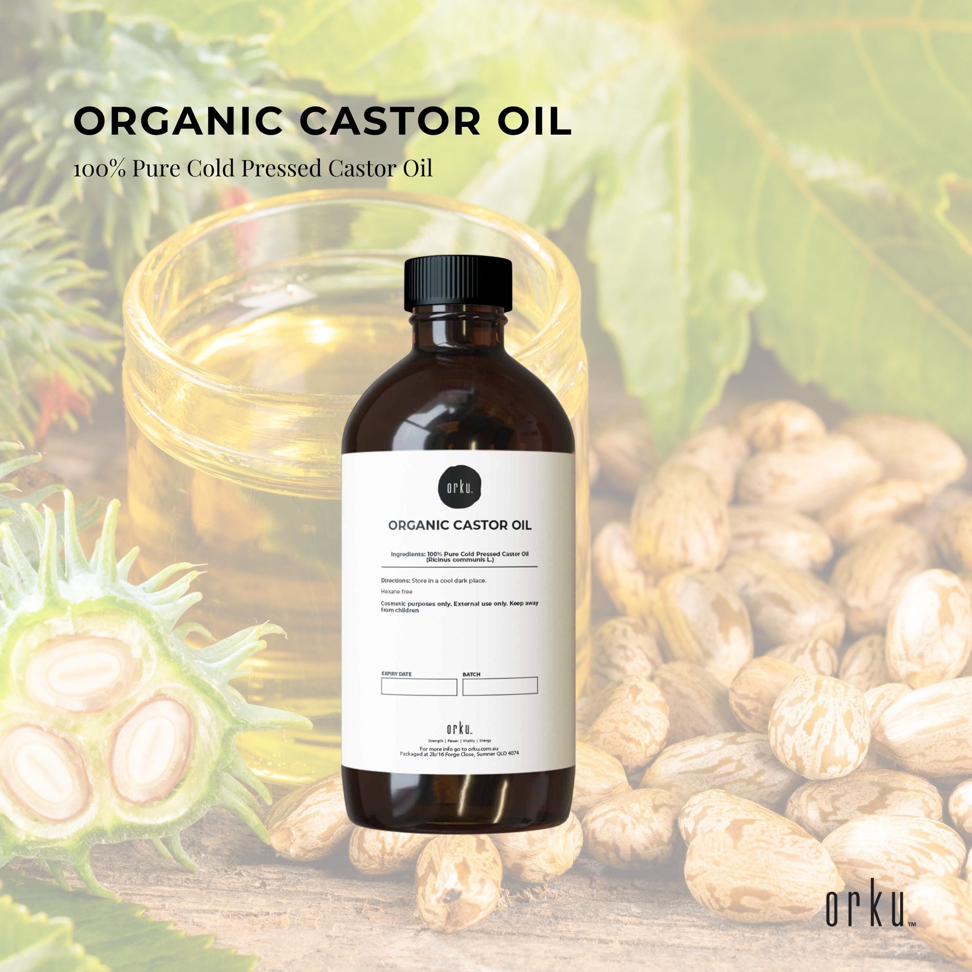 1L bottle of Organic Castor Oil, hexane-free and cold-pressed, ideal for skin and hair care.