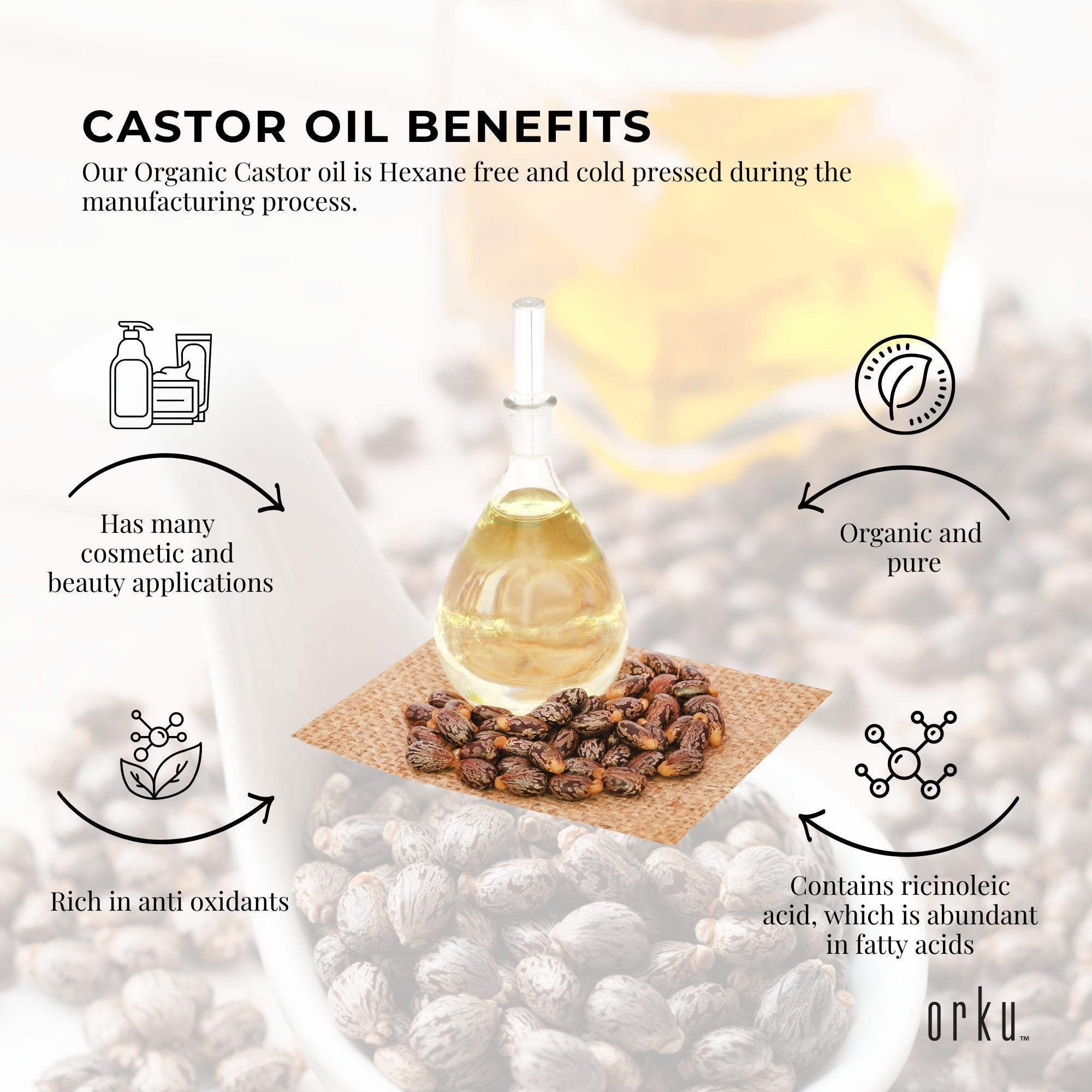 1L bottle of Organic Castor Oil, hexane-free and cold-pressed, ideal for skin and hair care.