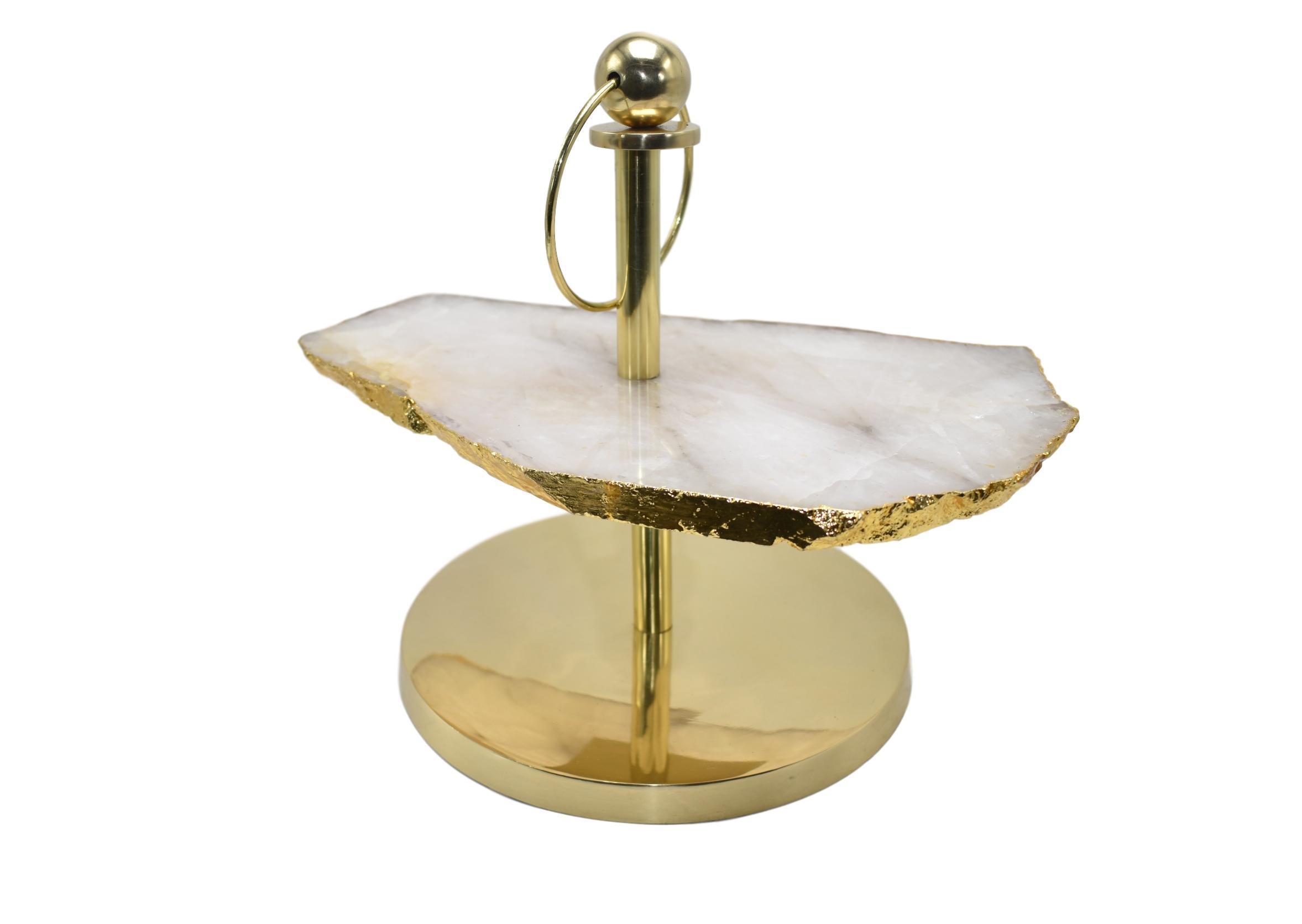 Elegant 1-Layer Display Stand featuring amethyst, pastel blue agate, rose quartz, and cloudy quartz with a gold finish.