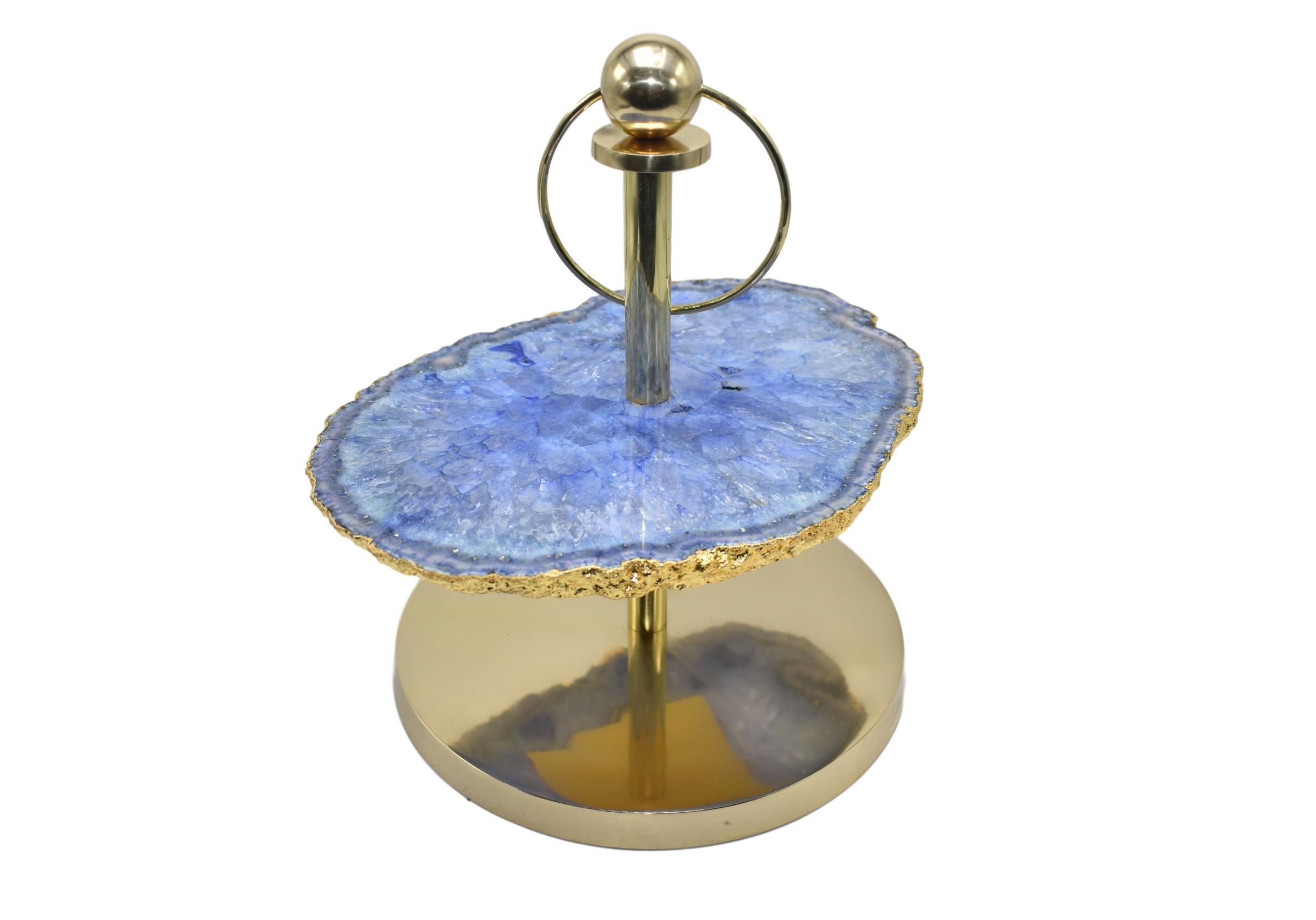 Elegant 1-Layer Display Stand featuring amethyst, pastel blue agate, rose quartz, and cloudy quartz with a gold finish.