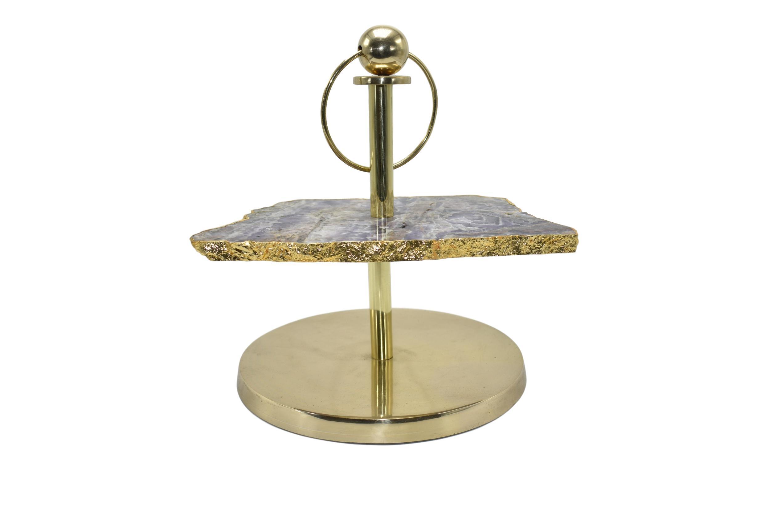 Elegant 1-Layer Display Stand featuring amethyst, pastel blue agate, rose quartz, and cloudy quartz with a gold finish.