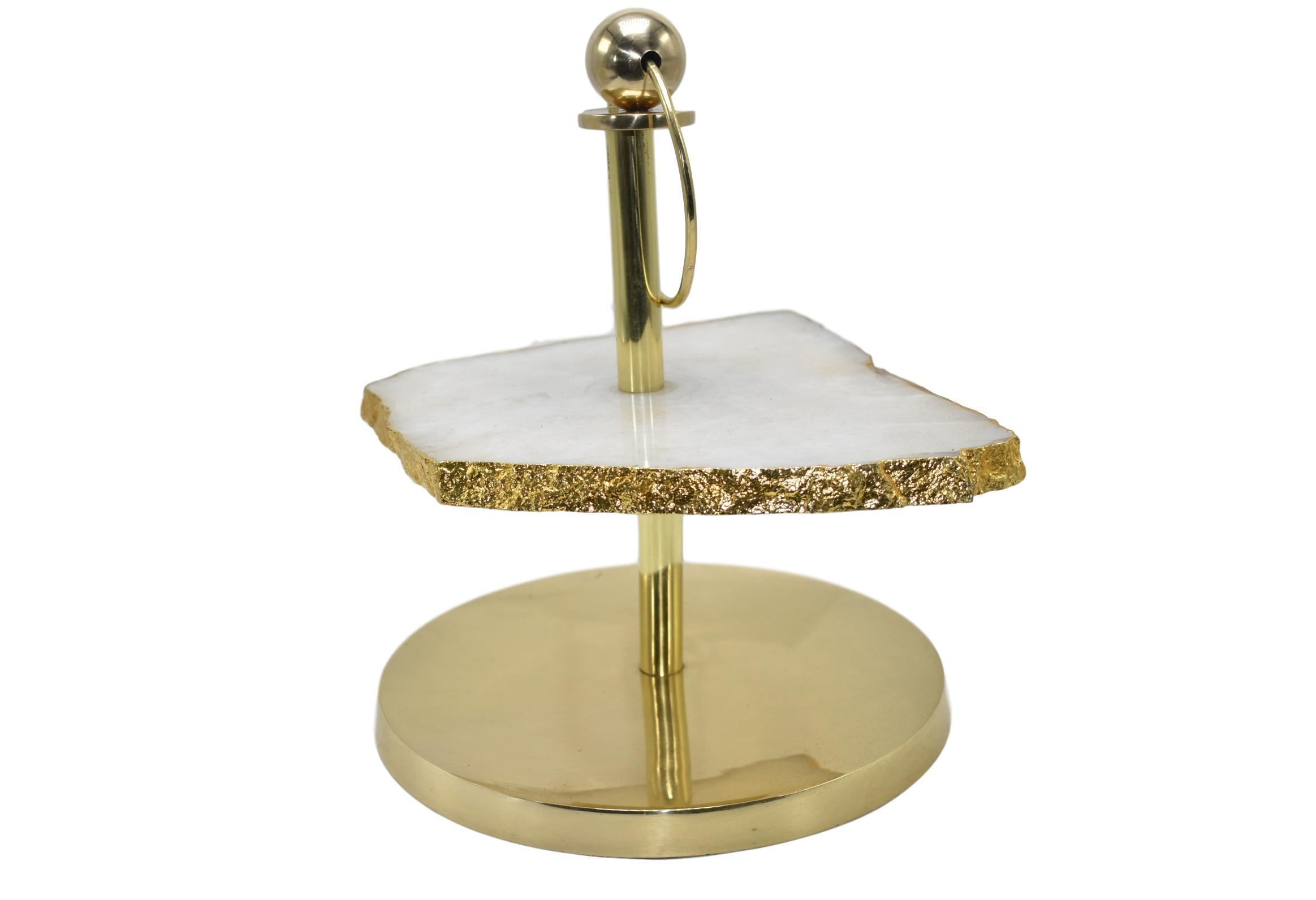 Elegant 1-Layer Display Stand featuring amethyst, pastel blue agate, rose quartz, and cloudy quartz with a gold finish.