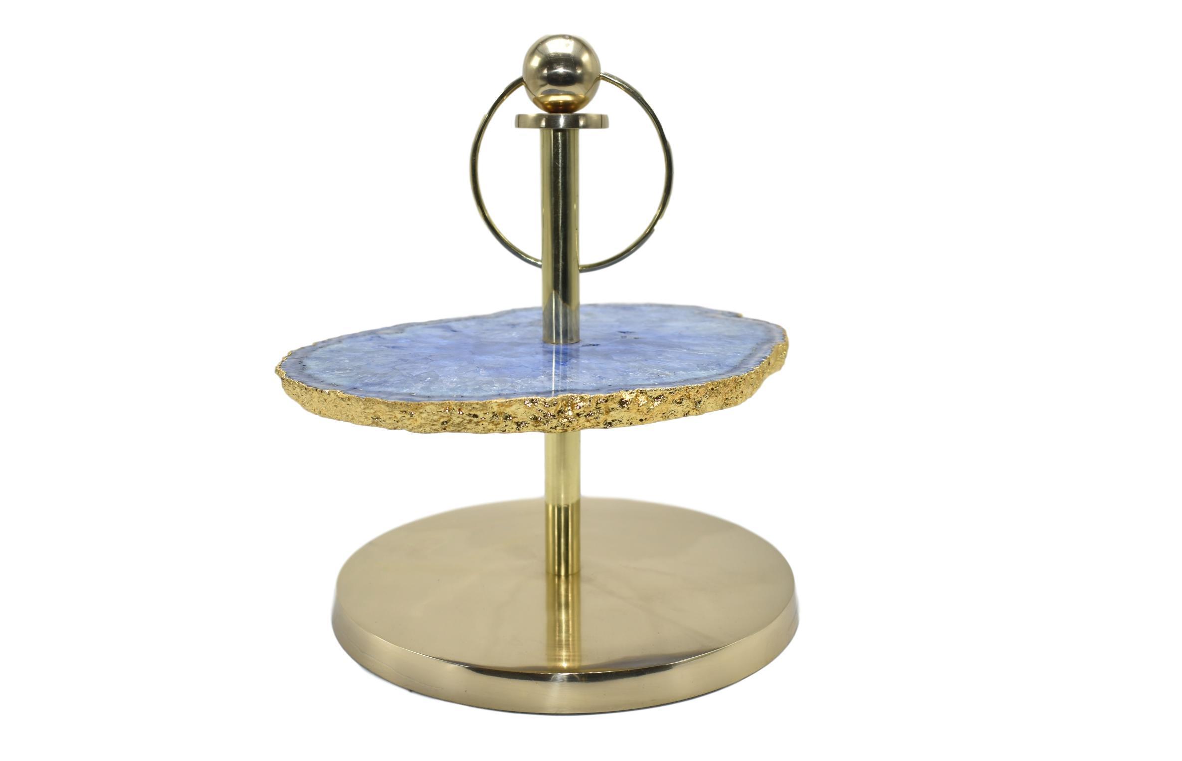 Elegant 1-Layer Display Stand featuring amethyst, pastel blue agate, rose quartz, and cloudy quartz with a gold finish.