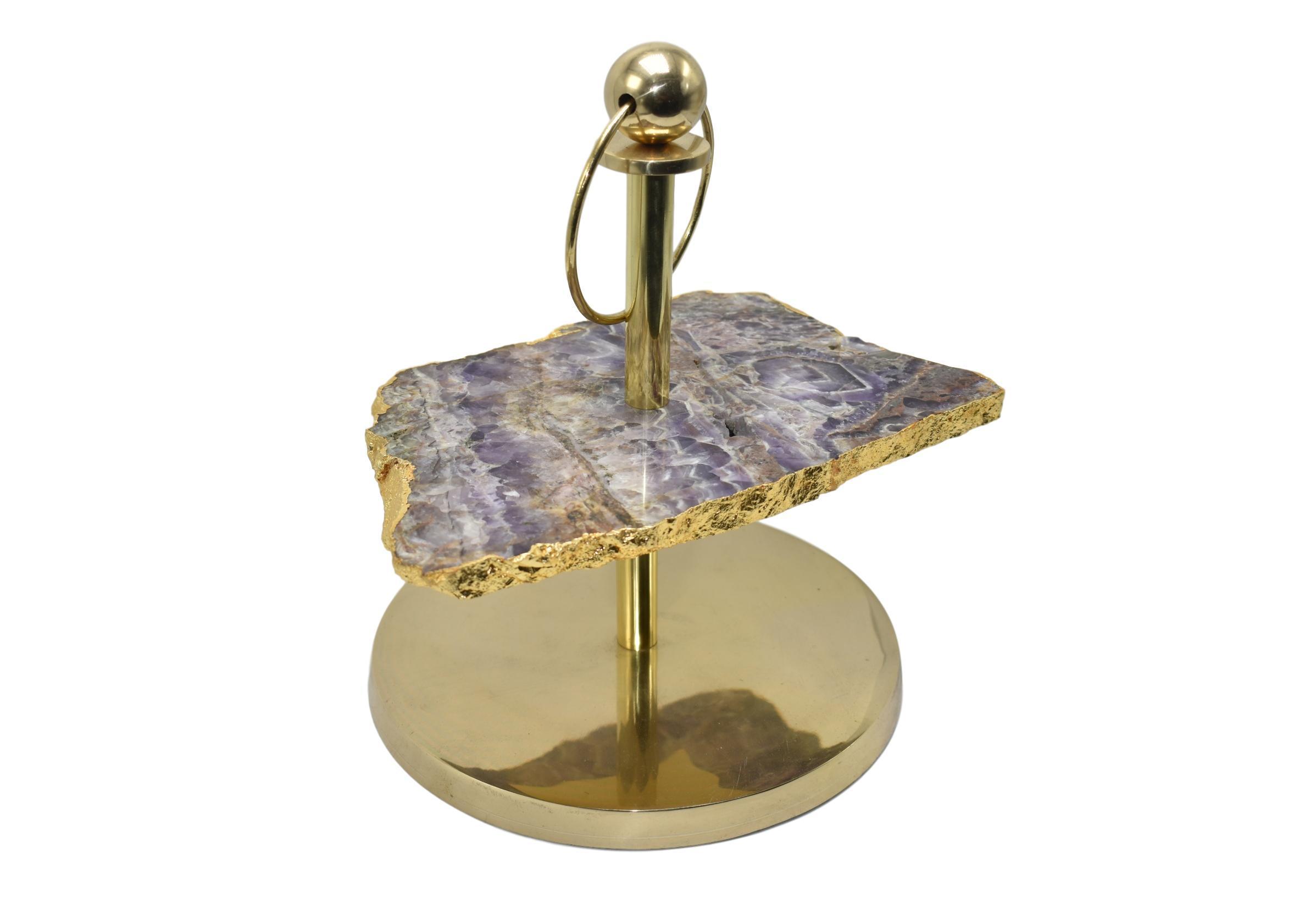 Elegant 1-Layer Display Stand featuring amethyst, pastel blue agate, rose quartz, and cloudy quartz with a gold finish.