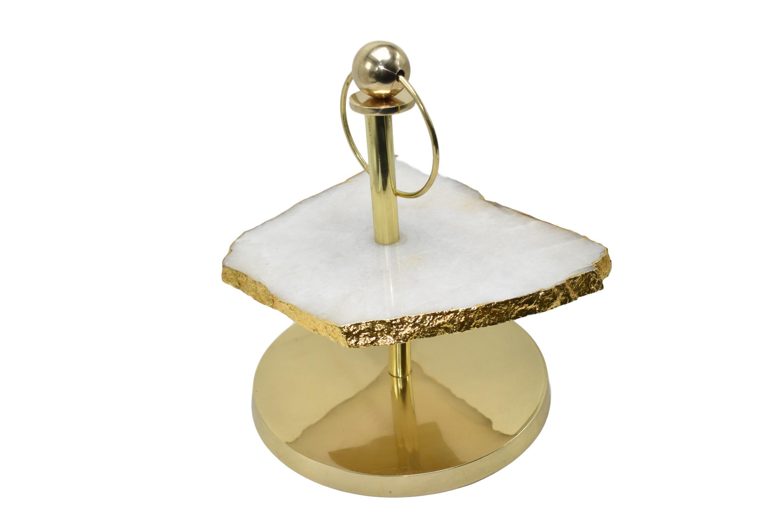 Elegant 1-Layer Display Stand featuring amethyst, pastel blue agate, rose quartz, and cloudy quartz with a gold finish.