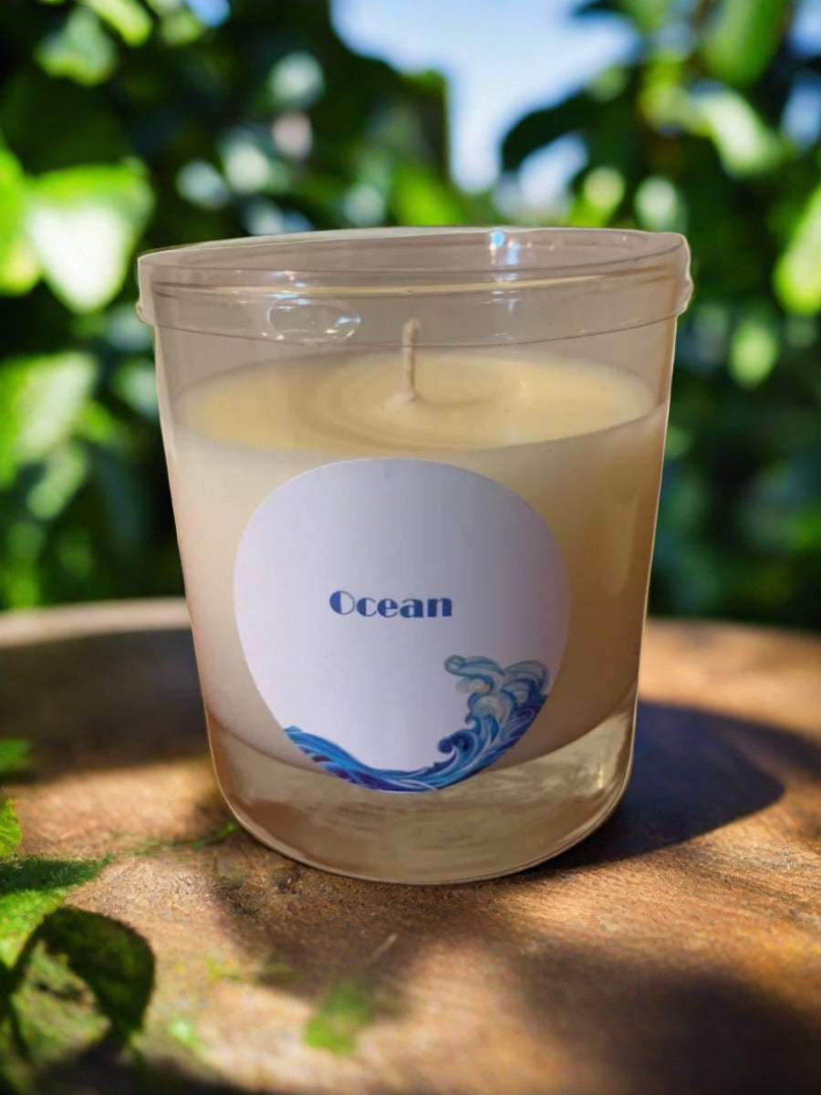 11oz Ocean Soy Blend Candle with a sleek design, showcasing its eco-friendly soy wax and ocean-inspired scent.