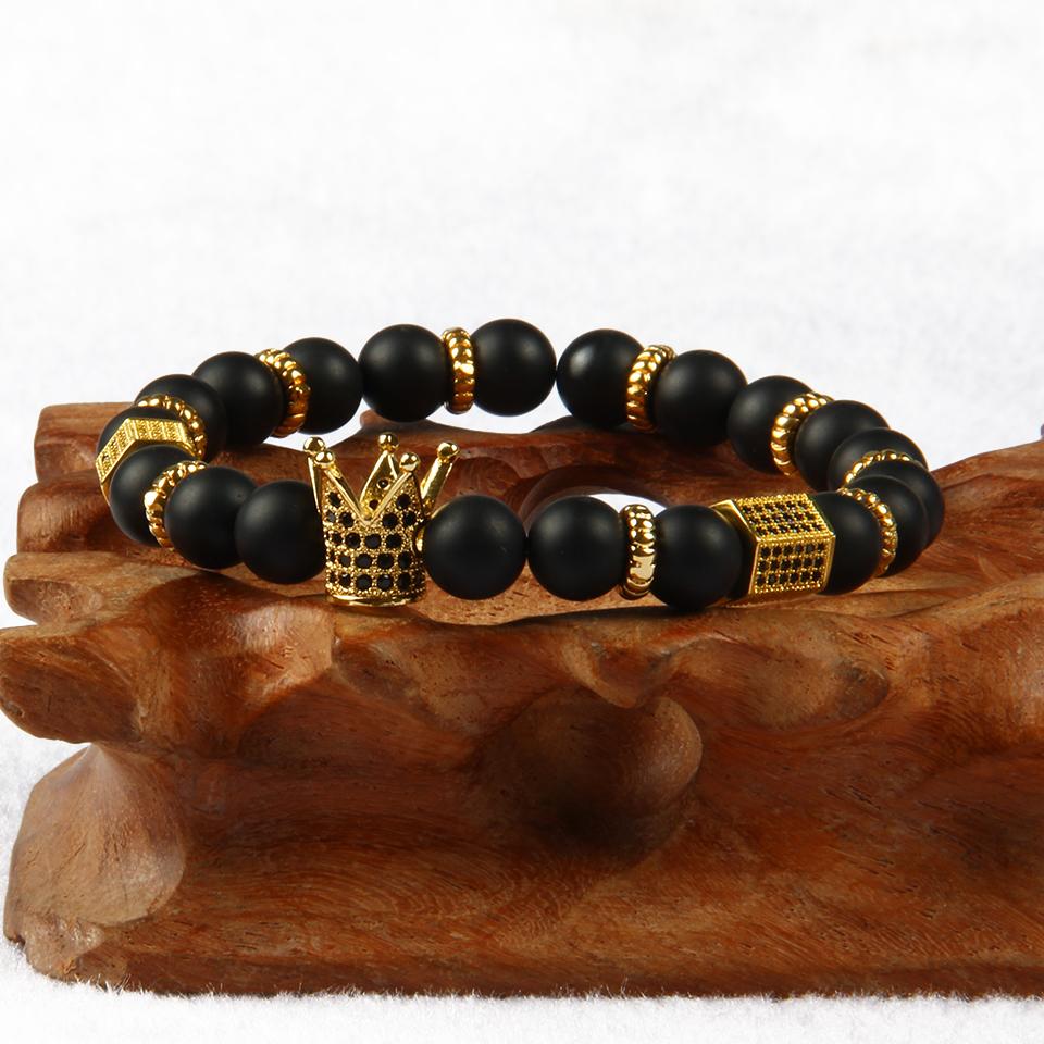 Elegant Micro Inlay CZ Beads Crown Bracelet featuring natural stone beads and a crown charm, perfect for gifting.