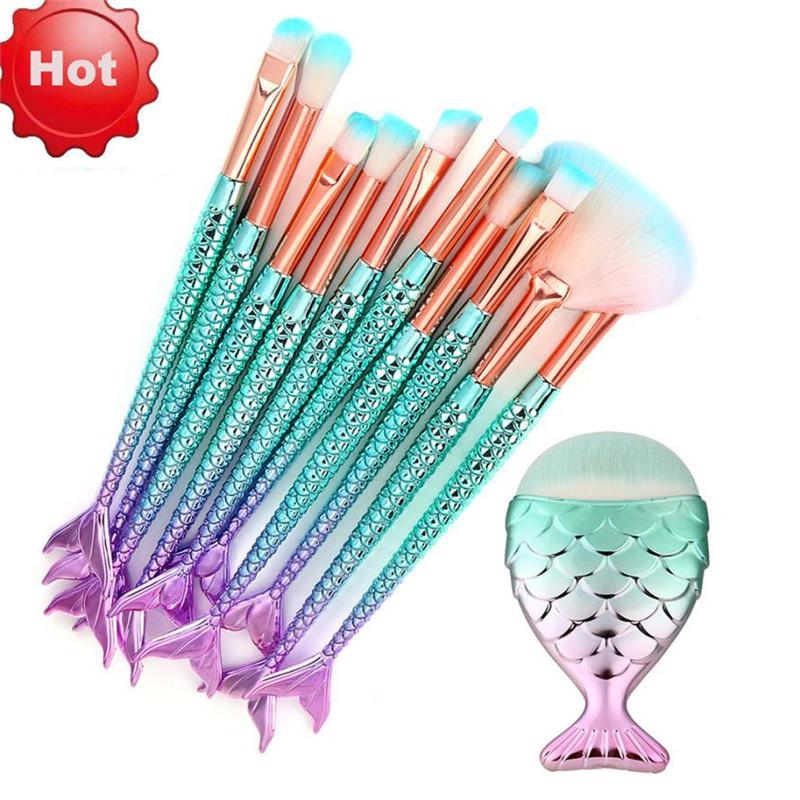 A colorful set of 11 mermaid-themed makeup brushes with nylon bristles and plastic handles, perfect for various makeup applications.