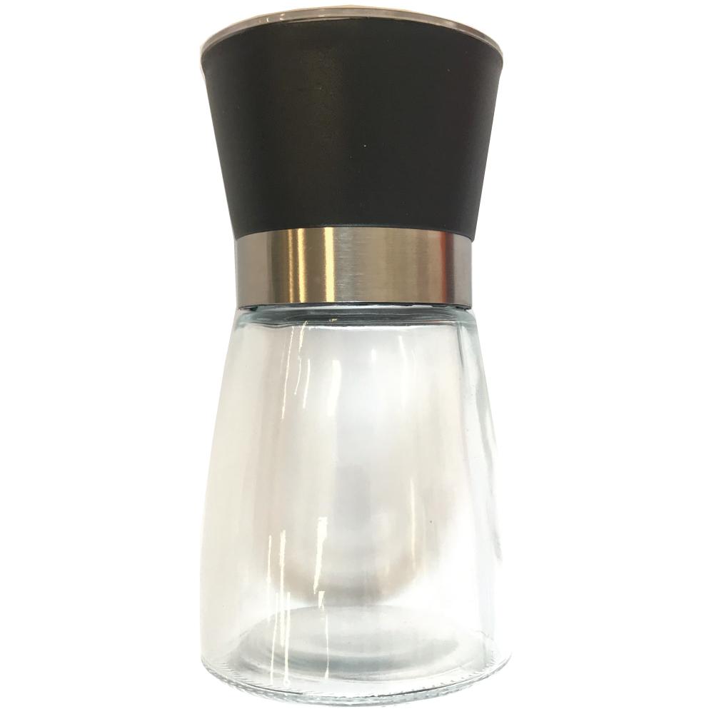 150ml glass salt or pepper grinder with adjustable ceramic core, featuring a black acrylic wrap design and ergonomic shape.