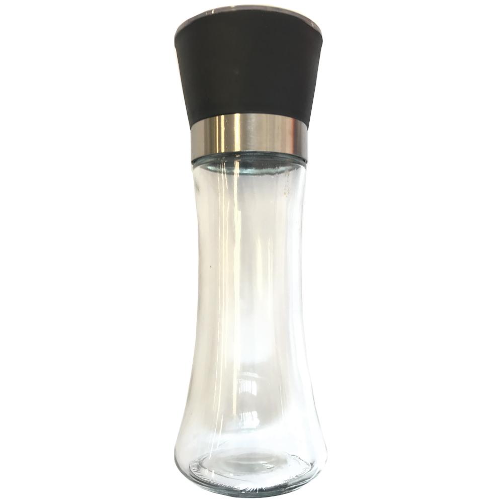 180ml glass salt or pepper grinder with adjustable ceramic core, featuring a black acrylic wrap design and ergonomic shape.