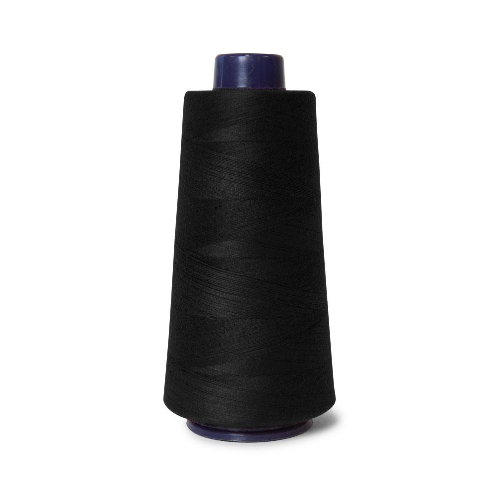 A 2000m spool of black Hemline polyester sewing and overlocking thread, showcasing its strong and durable quality.