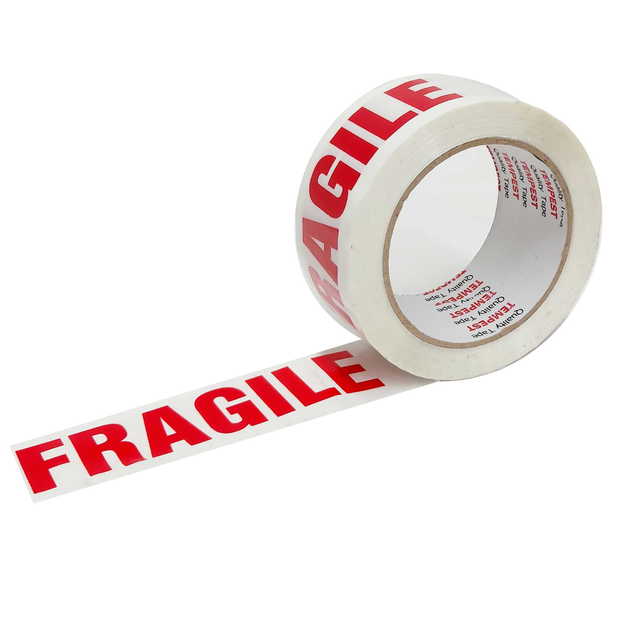 Tempest brand Fragile Packing Tape in red and white, 48mm wide and 75m long, designed for secure packaging of fragile items.