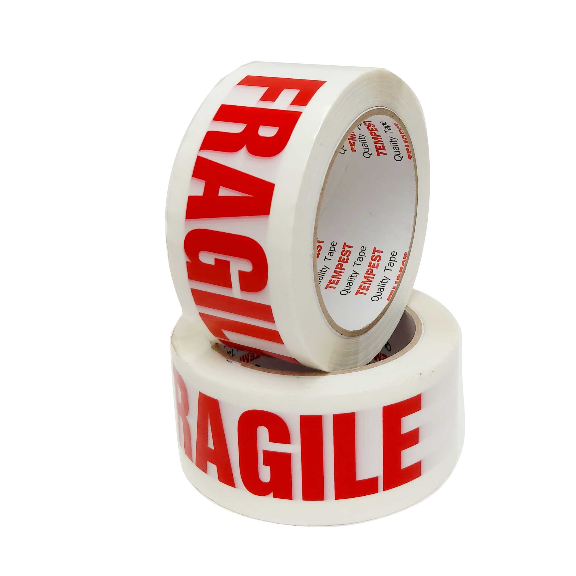 Tempest brand Fragile Packing Tape in red and white, 48mm wide and 75m long, designed for secure packaging of fragile items.