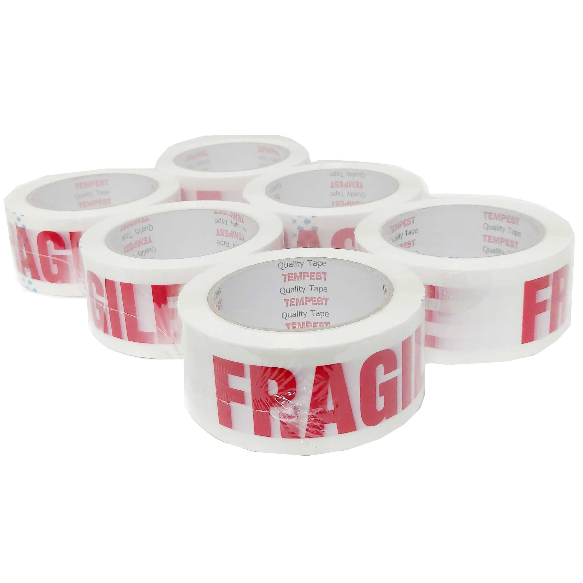 Tempest brand Fragile Packing Tape in red and white, 48mm wide and 75m long, designed for secure packaging of fragile items.