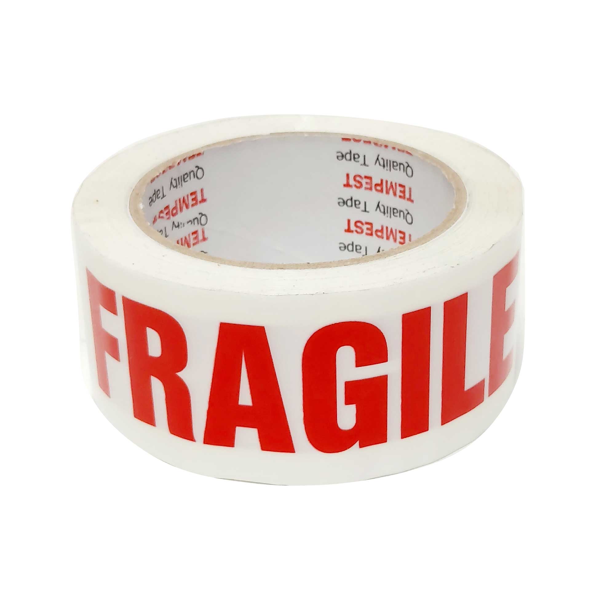 Tempest brand Fragile Packing Tape in red and white, 48mm wide and 75m long, designed for secure packaging of fragile items.