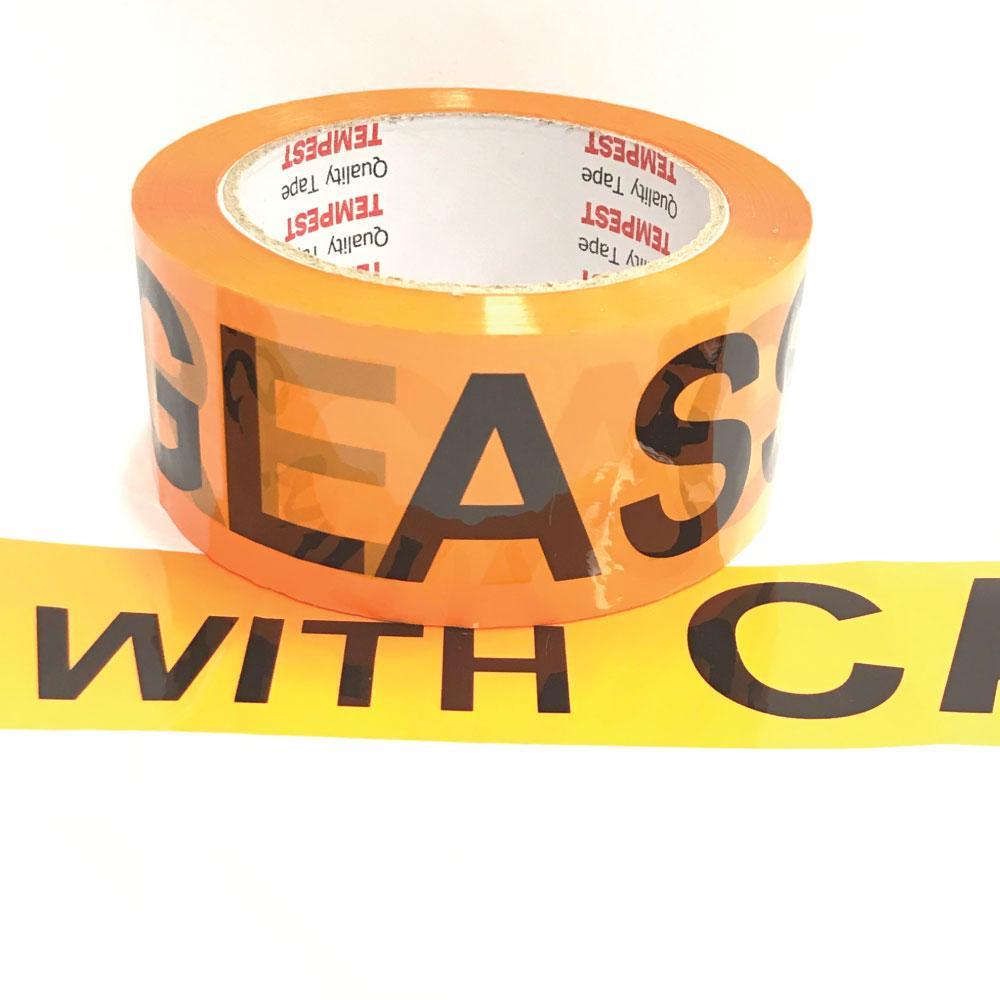 A roll of Tempest brand Glass Dispatch Tape in fluorescent orange and black, labeled 'With Care', ideal for packaging fragile items.