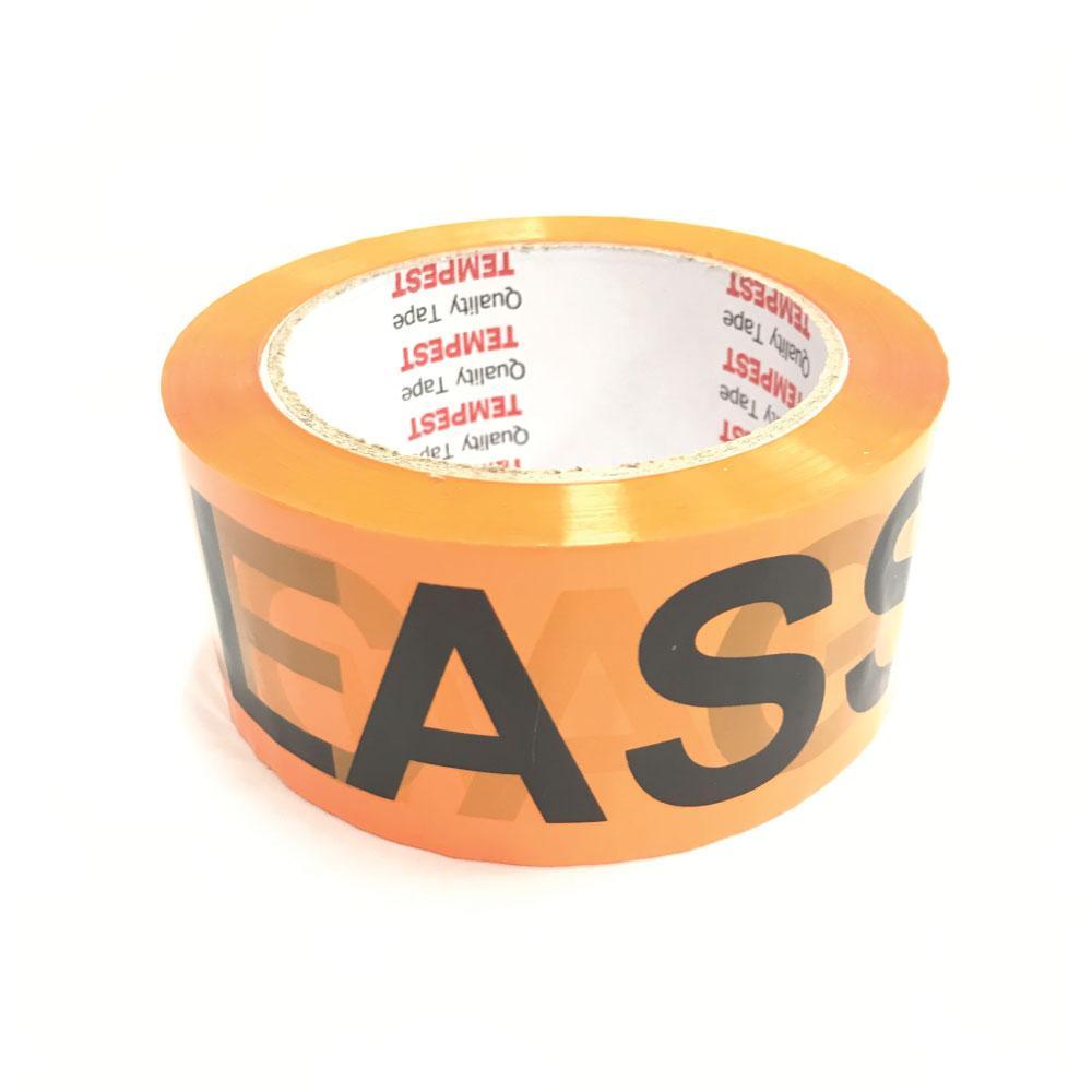 A roll of Tempest brand Glass Dispatch Tape in fluorescent orange and black, labeled 'With Care', ideal for packaging fragile items.