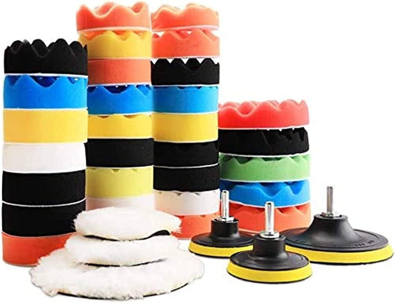 2 in 1 Car Foam Drill set with 39 polishing pads and accessories, showcasing various colors and textures for effective car care.