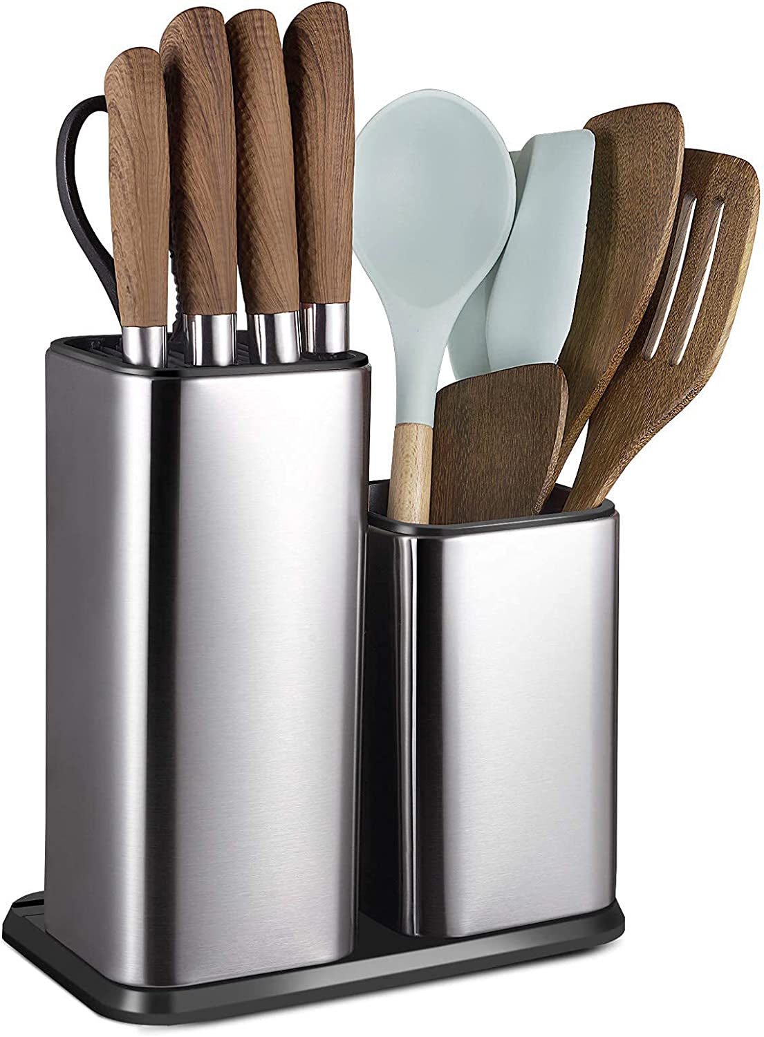 A sleek 2 in 1 stainless steel knife holder with space for 12 knives and kitchen scissors, featuring a modern design and anti-fingerprint coating.