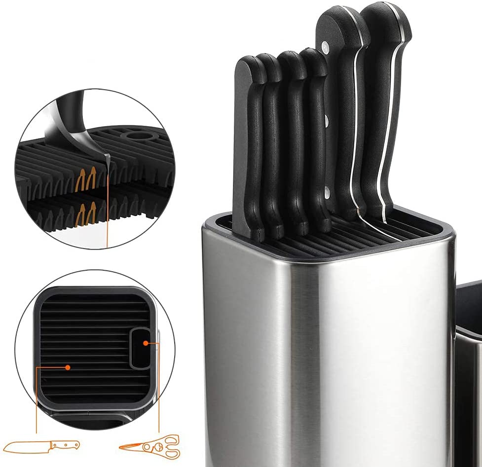 A sleek 2 in 1 stainless steel knife holder with space for 12 knives and kitchen scissors, featuring a modern design and anti-fingerprint coating.