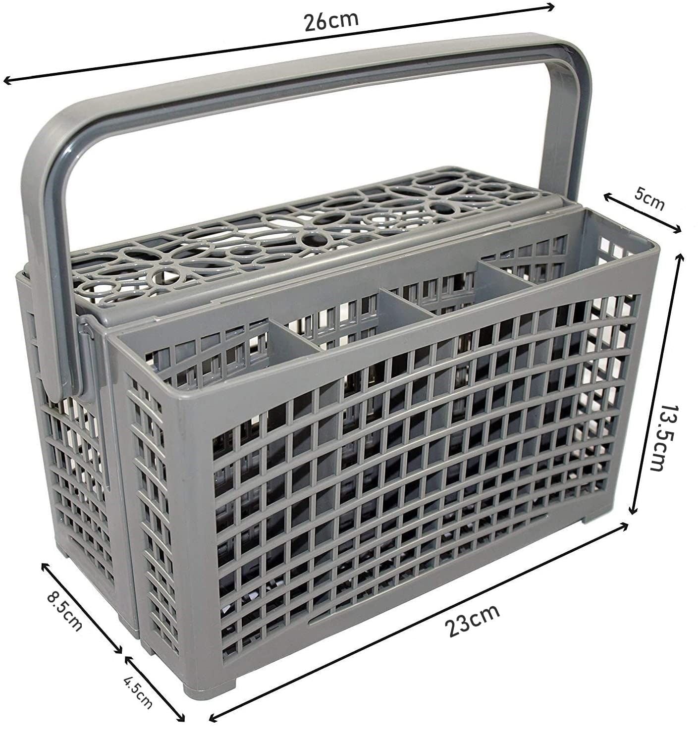 2 in 1 Universal Dishwasher Cutlery Basket in grey, measuring 24 x 13 x 13 cm, designed for organizing silverware during cleaning.