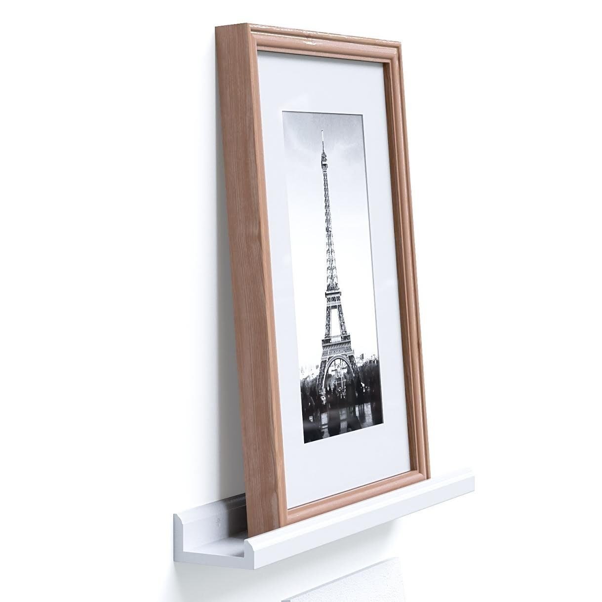 22 inches floating picture display ledge in white MDF wood, mounted on a wall showcasing decorative items.