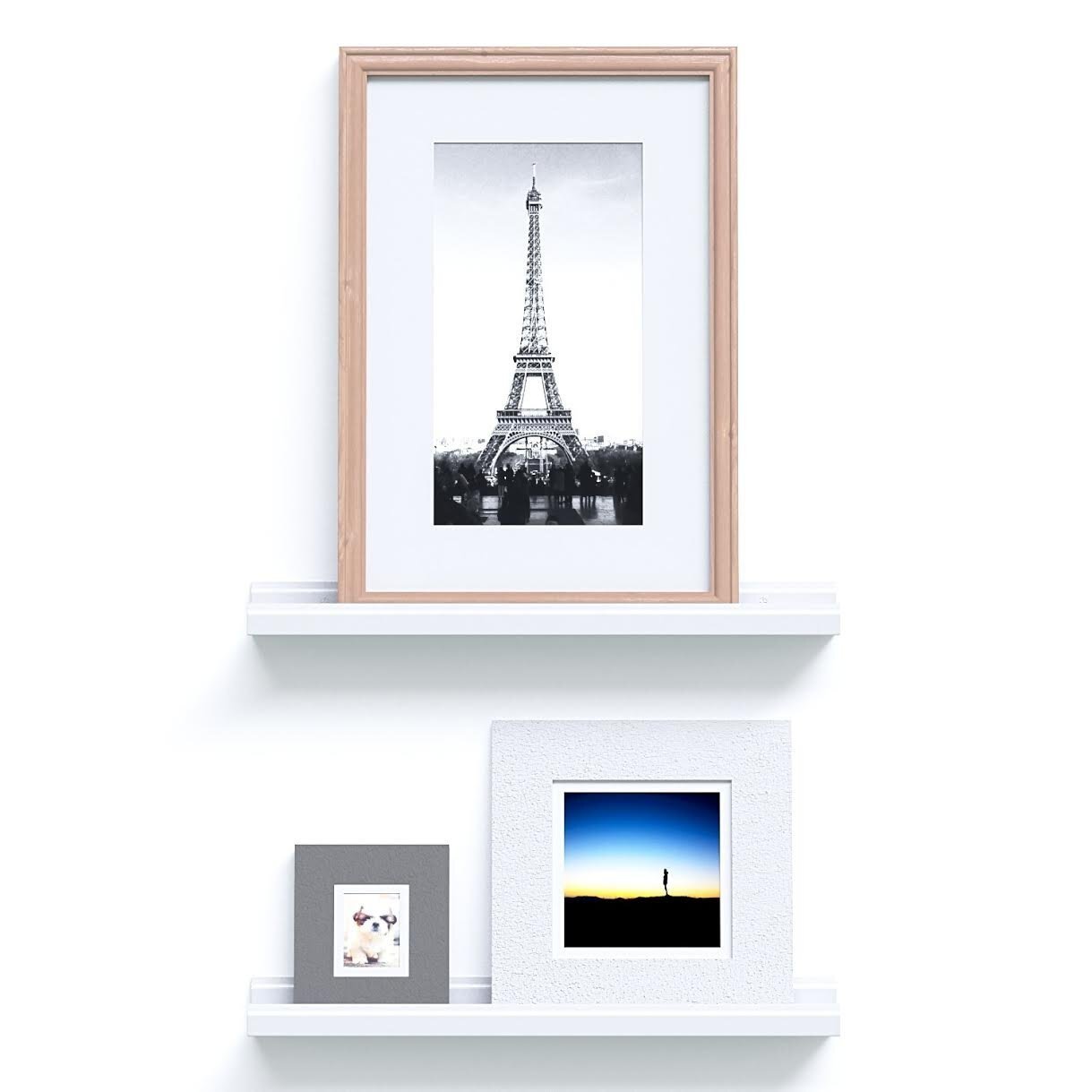 22 inches floating picture display ledge in white MDF wood, mounted on a wall showcasing decorative items.