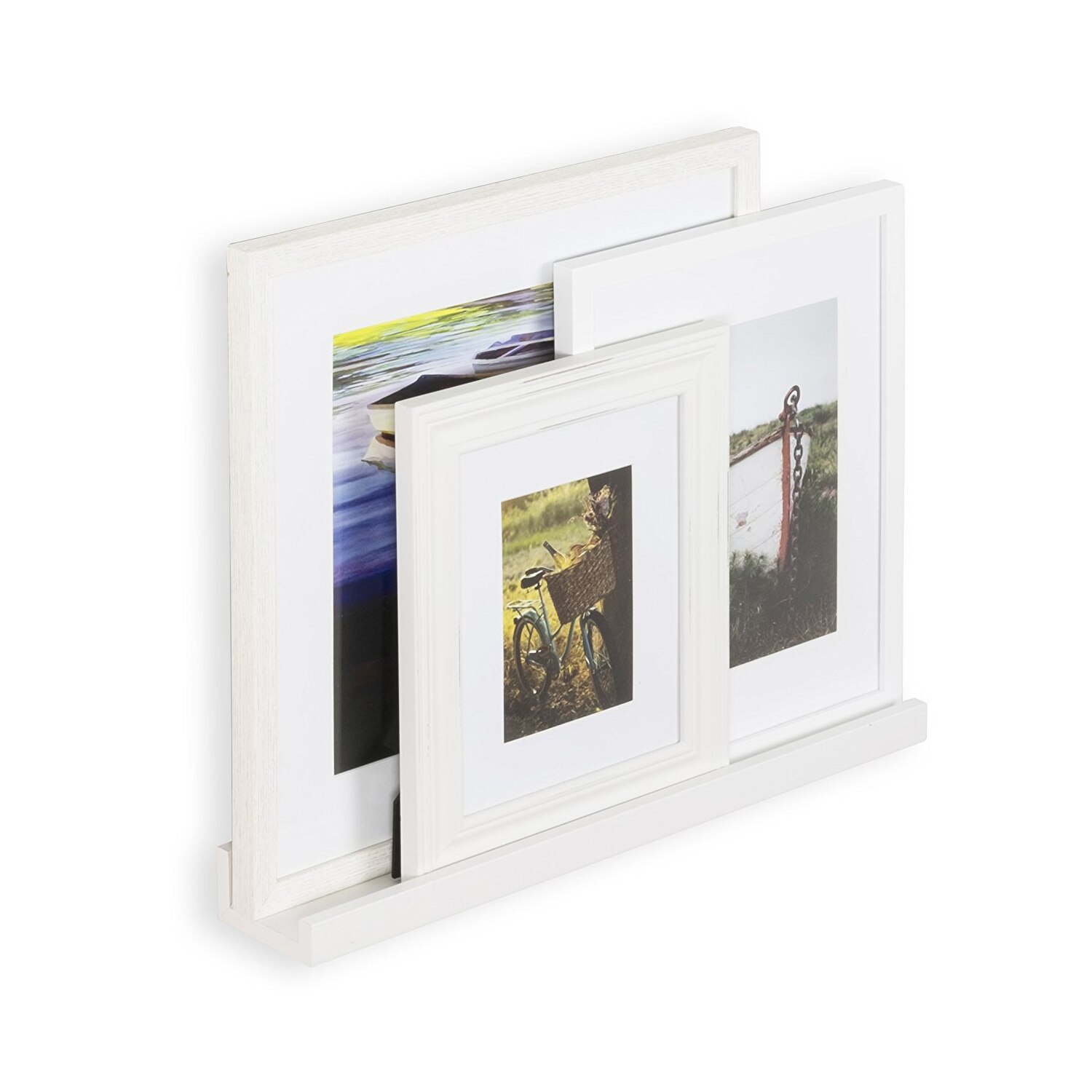 22 inches floating picture display ledge in white MDF wood, mounted on a wall showcasing decorative items.