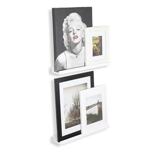 22 inches floating picture display ledge in white MDF wood, mounted on a wall showcasing decorative items.