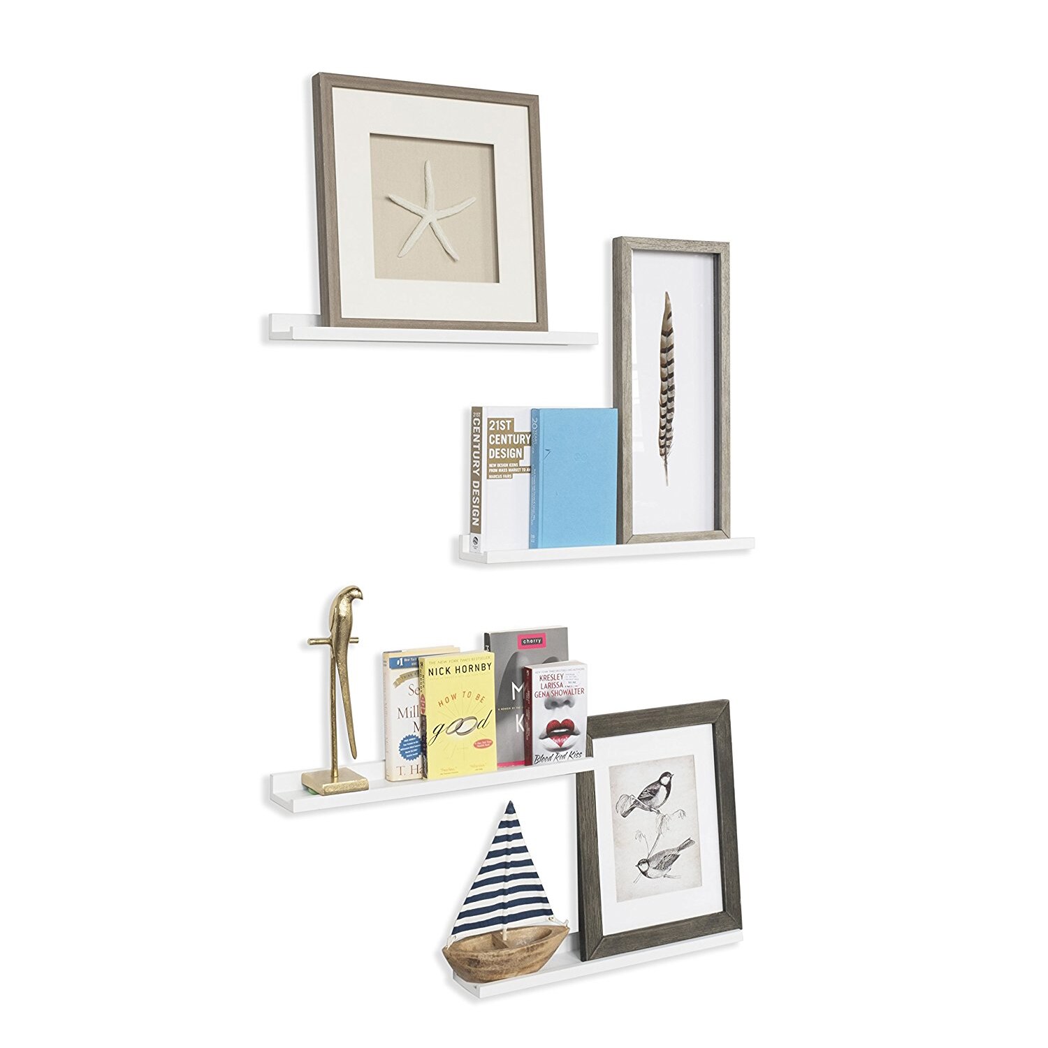 22 inches floating picture display ledge in white MDF wood, mounted on a wall showcasing decorative items.