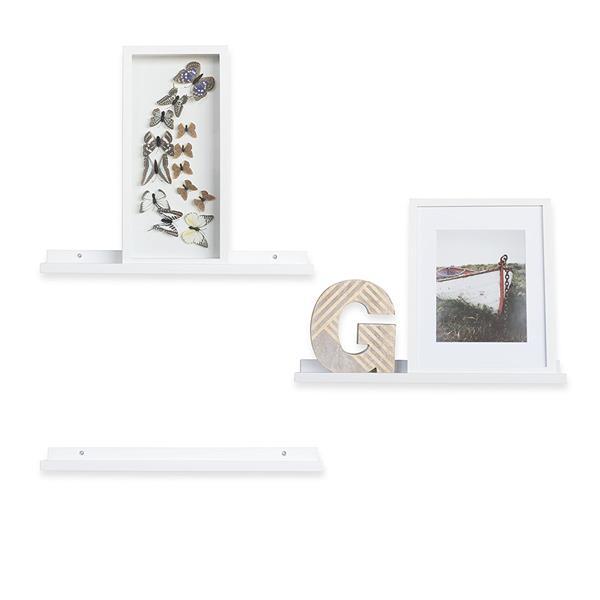 22 inches floating picture display ledge in white MDF wood, mounted on a wall showcasing decorative items.