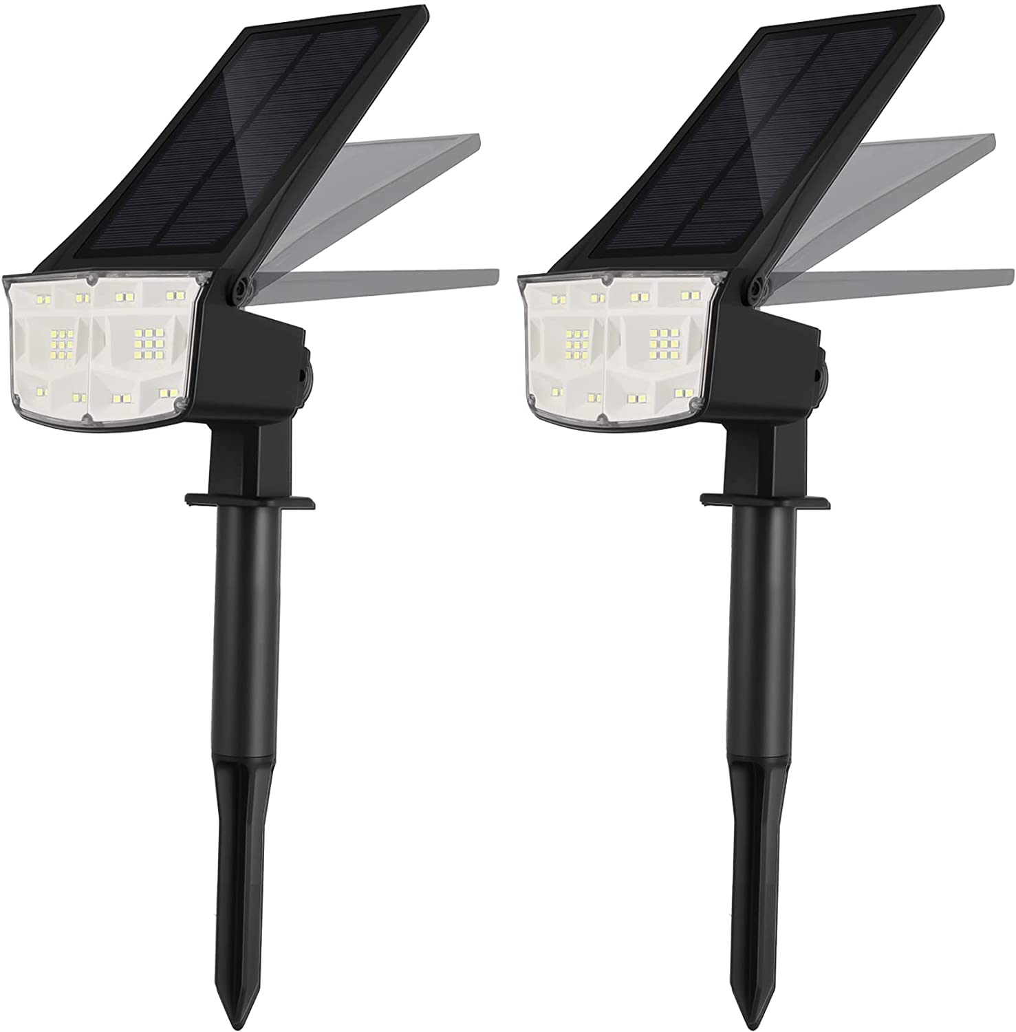 Two solar landscape spotlights with 38 LEDs, adjustable solar panel, and waterproof design, ideal for outdoor lighting.