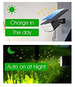 Two solar landscape spotlights with 38 LEDs, adjustable solar panel, and waterproof design, ideal for outdoor lighting.