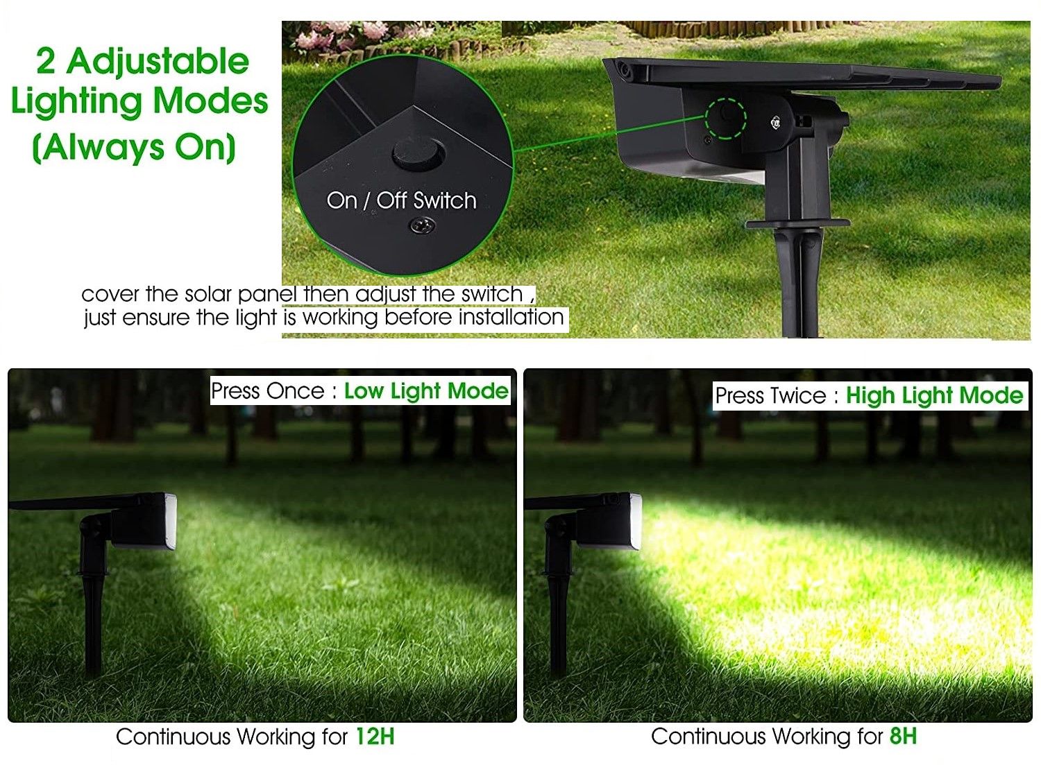 Two solar landscape spotlights with 38 LEDs, adjustable solar panel, and waterproof design, ideal for outdoor lighting.