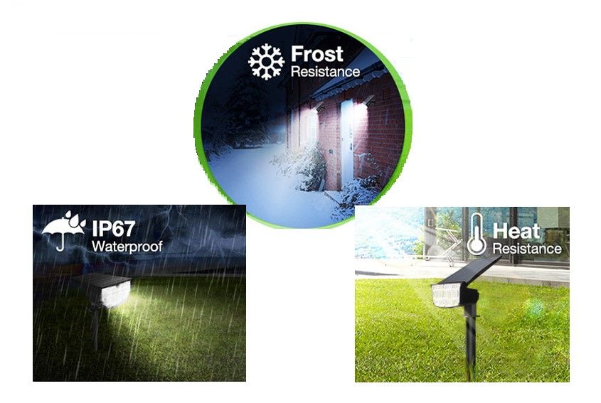 Two solar landscape spotlights with 38 LEDs, adjustable solar panel, and waterproof design, ideal for outdoor lighting.