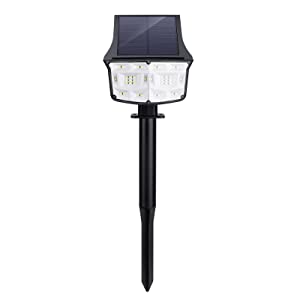 Two solar landscape spotlights with 38 LEDs, adjustable solar panel, and waterproof design, ideal for outdoor lighting.