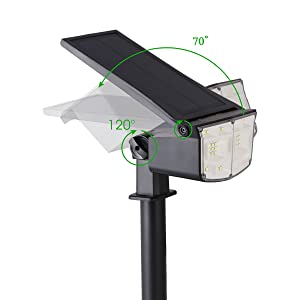 Two solar landscape spotlights with 38 LEDs, adjustable solar panel, and waterproof design, ideal for outdoor lighting.