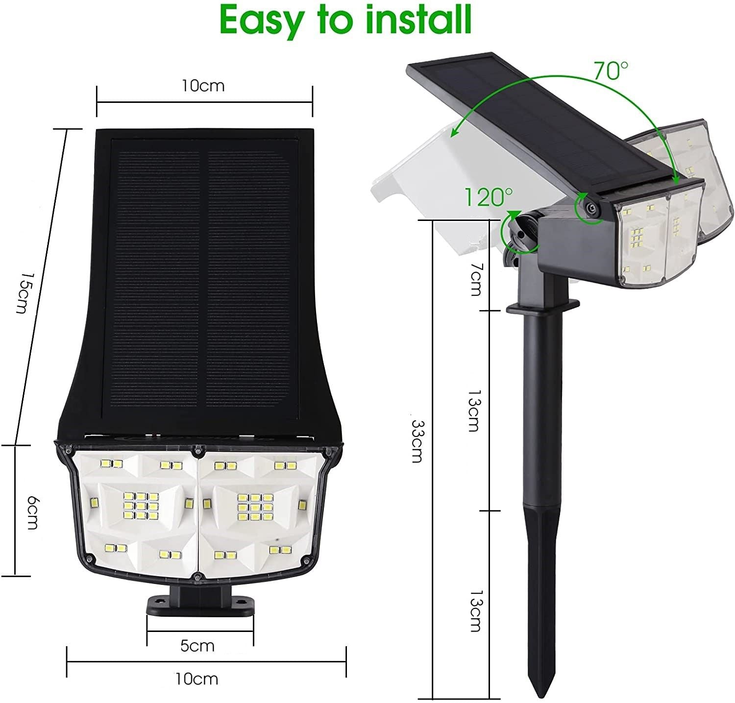 Two solar landscape spotlights with 38 LEDs, adjustable solar panel, and waterproof design, ideal for outdoor lighting.