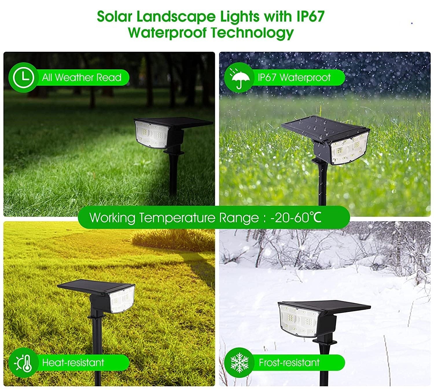 Two solar landscape spotlights with 38 LEDs, adjustable solar panel, and waterproof design, ideal for outdoor lighting.