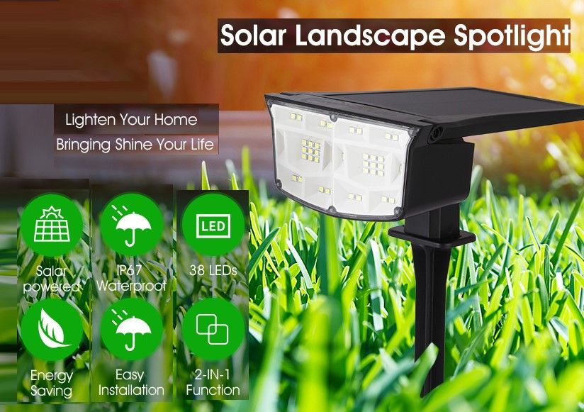 Two solar landscape spotlights with 38 LEDs, adjustable solar panel, and waterproof design, ideal for outdoor lighting.