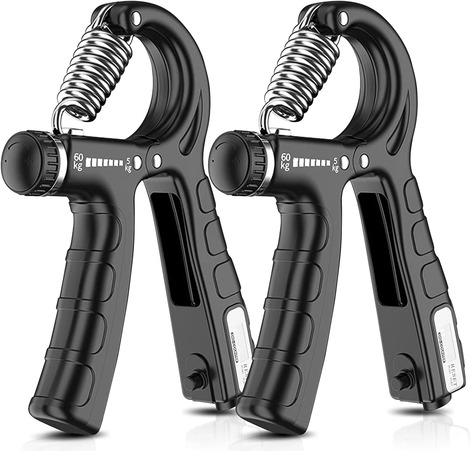 Two adjustable hand grip strengtheners with ergonomic design and counting feature, ideal for strength training and rehabilitation.