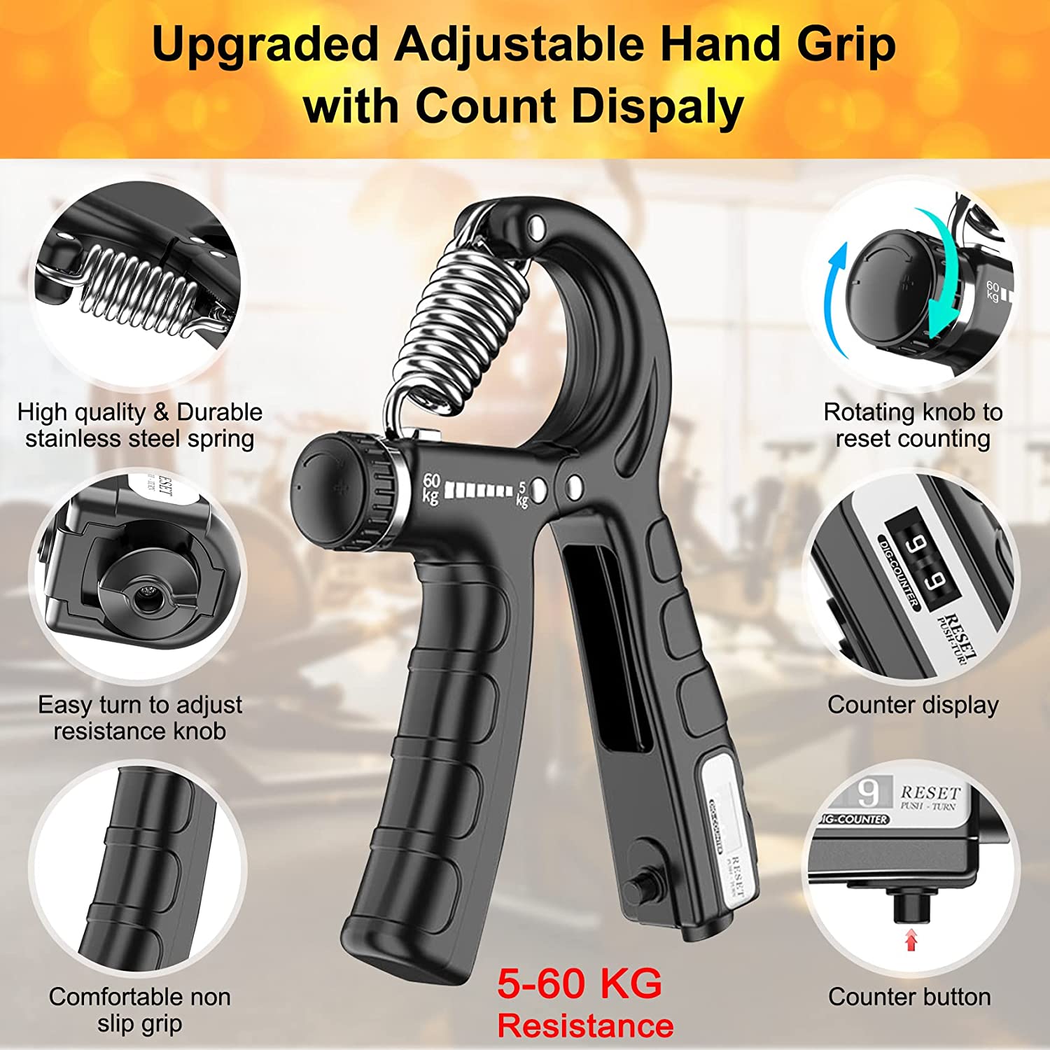 Two adjustable hand grip strengtheners with ergonomic design and counting feature, ideal for strength training and rehabilitation.