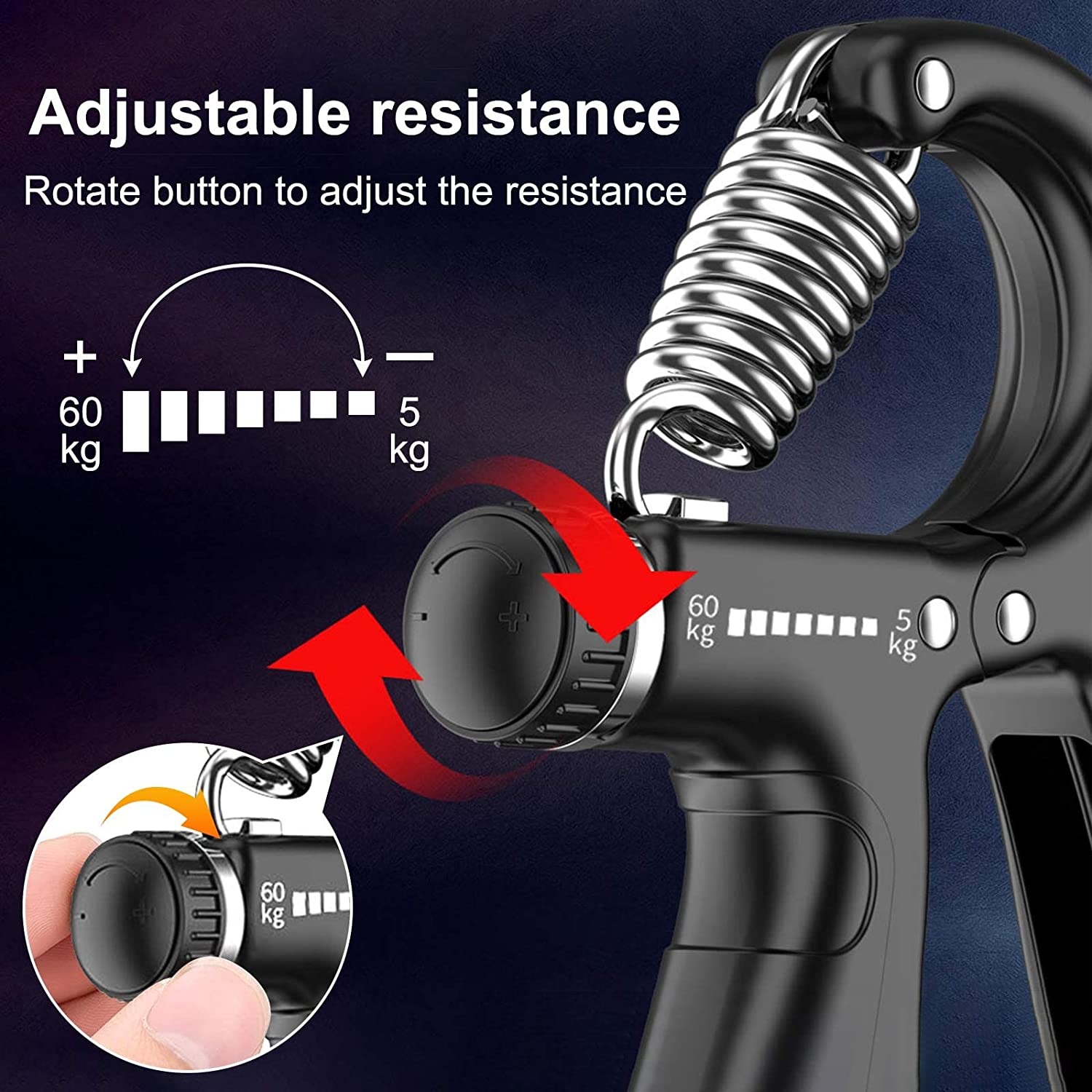 Two adjustable hand grip strengtheners with ergonomic design and counting feature, ideal for strength training and rehabilitation.