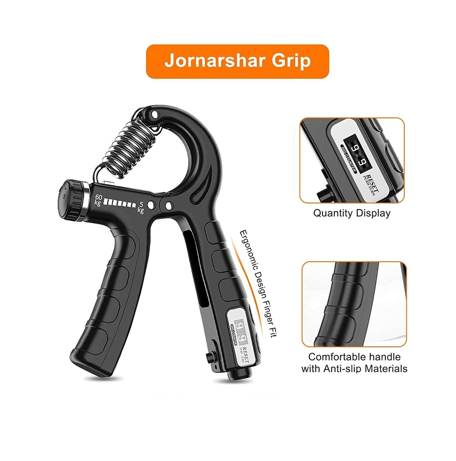 Two adjustable hand grip strengtheners with ergonomic design and counting feature, ideal for strength training and rehabilitation.