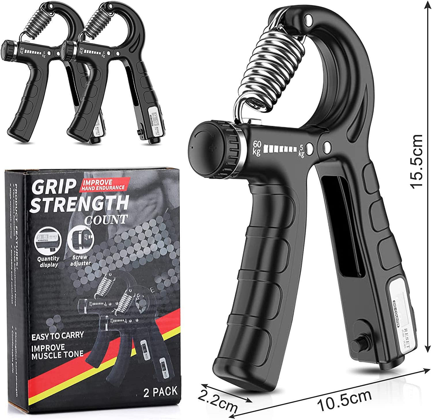 Two adjustable hand grip strengtheners with ergonomic design and counting feature, ideal for strength training and rehabilitation.