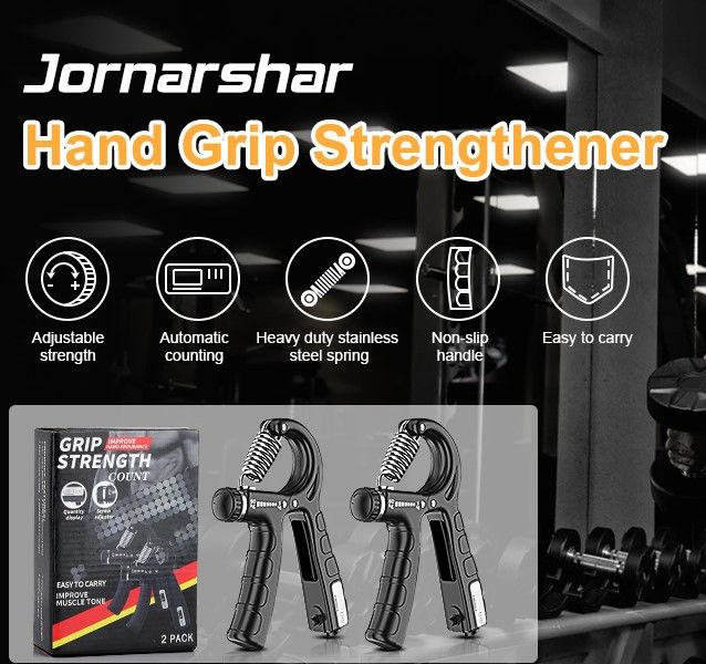 Two adjustable hand grip strengtheners with ergonomic design and counting feature, ideal for strength training and rehabilitation.